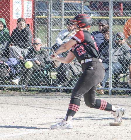 Beaverton’s Brooke Remer puts the bat on the ball during Thursday’s doubleheader against visiting Pinconning.
