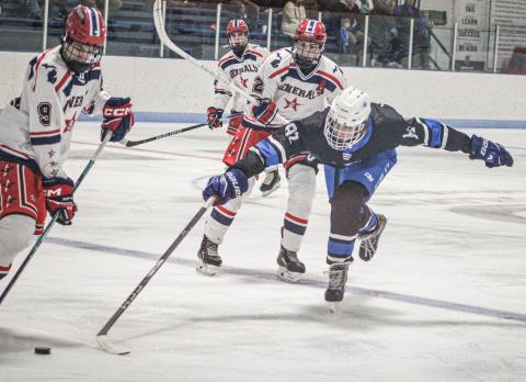 Gladwin’s George Whittaker stretches out to try for a poke check during Saturday’s 6-5 victory over the visiting Genesee Generals.