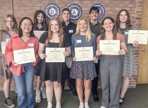 DAR Good Citizens pictured in front, left to right: Jessica Chai, Lily Winslow, Autumn Fransen, Kapre Lynch. In back left to right: Julia Lovett, Abigail Chapman, Brayden Dee, David Abreu, Ella Karbowski. Absent is Tyler Heal.