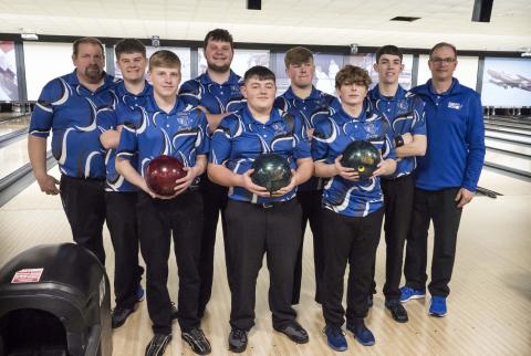Gladwin High School Boys Bowling Team 2023. Pictured in front row, left to right: Harvey Zelt, Brayden Phillips, JR Phillips; back row: Coach Hager, John Corlew, Logan Klein, Hunter McDowell, Brady Weston, Coach VanTiem. Not pictured is Coach Crawford. The Gladwin Team went on to the Quarter Finals, falling to Lansing Catholic by 23 points. Lansing Catholic won the MHSAA State Championship defeating Ogemaw Heights in the tournament. PHOTO BY LEON LANGRIDGE