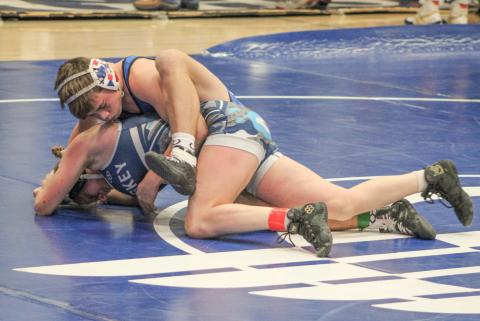Gladwin’s Kolten Greaves battles it out during last week’s dual meet with Petoskey. The freshman won the championship at 120 at Saturday’s Manton Invitational.