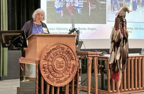 Linda Woods, an Air Force veteran and member of the Grand Traverse Band of Ottawa and Chippewa Indians, speaks at the MVAA Women Veterans Conference in 2023.
