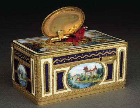 Is it a music box, a toy, a showpiece or a robot? Wind it with a key, and a feathery bird pops out to chirp and flutter in a lifelike way. KOVELS.COM