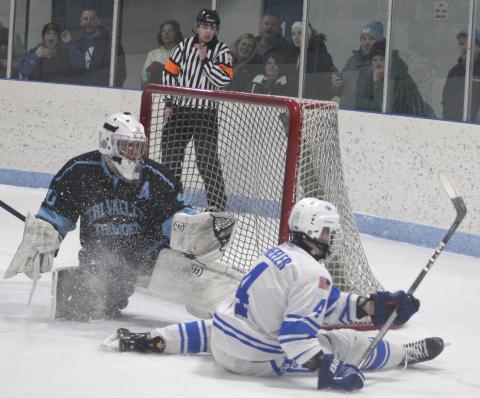 Gladwin’s Ike Wheeler takes a seat after being stopped by the Tri-Valley Thunder’s goalie Friday night.