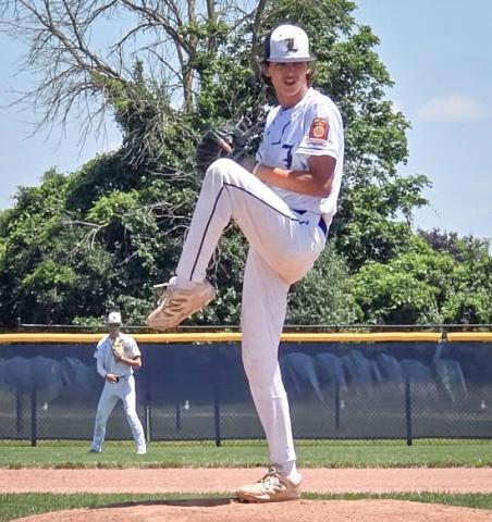 Robby Mularz delivers a pitch for the Post 239 American Legion baseball team in the championship game of the SVSU Classic Sunday.