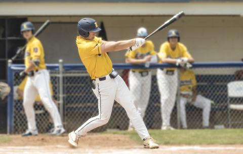 Lucas Mead, Gladwin High School 2023 Graduate will be playing for Saginaw Valley State University this coming season, hits a single and makes it safely to first base. Mead, playing on the Linwood Post 239 team with Head Coach Terry Brokoff, Gladwin. Linwood won the game against Blissfield Post 325 with a score of 9-1. PHOTO PROVIDED BY LEON LANGRIDGE