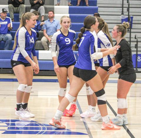 The Gladwin volleyball team had reason to celebrate after winning last Wednesday’s Jack Pine Conference opener over Farwell in three sets.
