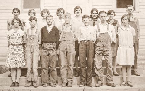 Pictured in back row, left to right: Gordon Seipke, Marian Doede, Lillie Fischer, Emma Sherman, Olive Flach, Alferdo Pero, Irene Cuddie, and Otto Sherman; back row, left to right: Helen Peck, Walter Gertz, Gus Dombroske, Clarence Doede, Henry Winkler, Carl Fischer, and Edna Zeitz. PHOTO PROVIDED BY ELFIEDA GATZ