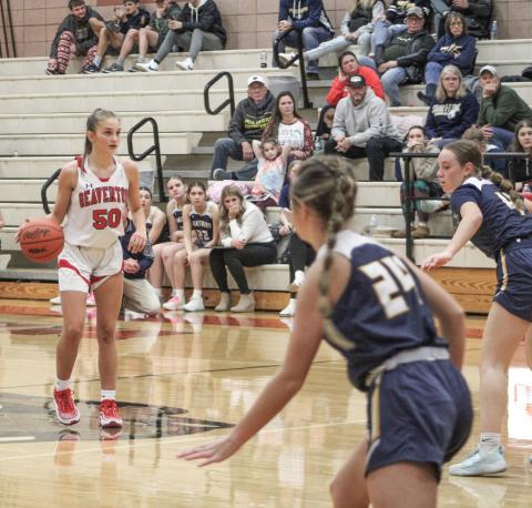 Beaverton’s Myah Hubble checks out the defense before making her move during the Beavers loss to visiting Standish Wednesday night.