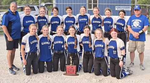 Team picture of the 2023 Lady G’s with the Jack Pine trophy after winning their second consecutive conference title.