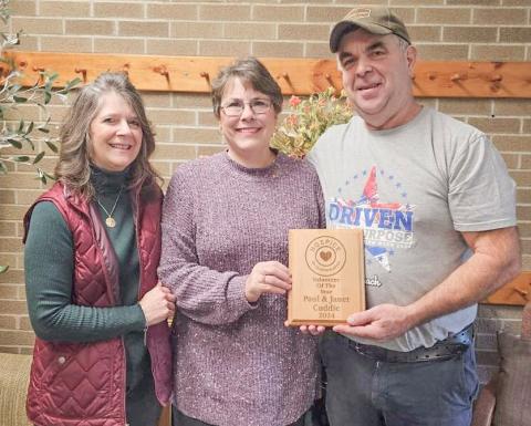Pictured from left to right: Kelly Como, Janet and Paul Cuddie. Inset photo: Kelly Como and Josh Mason.