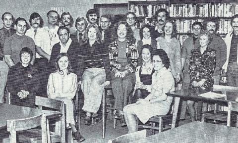 Seated, left to right: Miss Sherrod, Miss Mueller, Mr. Matteson, Miss Marshall, Miss Case, Miss Gaede, Mrs. Macklem. Standing: Mr. Sanderlin, Mr. Wilsie, Mr. Southworth, Mr. VanWeiren, Mr. Wilson, Mr. Manninen, Mr. Chaffin, Mr. Merkle, Mr. Lutz, Mrs. McGinnis, Mr. Locey, Miss Stackowitz, Mr. Porter, Mrs. Wilke, Mr. King, Mr. Kesling. Not available for photo – Mr. Randle and Mrs. Spalding.