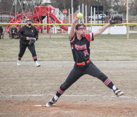 Beaverton pitcher Emily McCann delivers during Friday’s doubleheader split with visiting Oscoda.