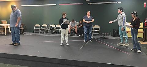 An early Fiddler On The Roof rehearsal. Pictured left to right are: Steve Levine (Tevye), Mady Crawford (Tzeitel), Monika Pfannes (Golde), Garry Farley (Fyedka), and Marnie Stearns (Chava).