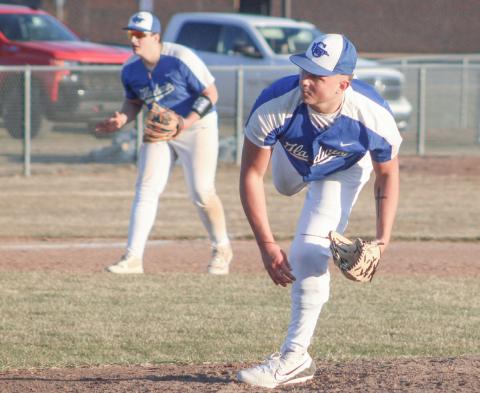 Gladwin’s Mason Meier follows through after delivering a strike during his first trip to the mound in two years Friday.