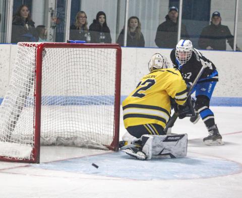 Braeden Guzman had a hat trick in Gladwin’s win over the Mid-Michigan Raptors Saturday, even though this shot from the doorstep didn’t make it into the net.