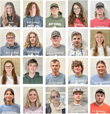 Pictured left to right, row one: Kiley Methner, Clayton Peacock, Brandon Sischo, Nicole Hill-Johnson and Evan Lease; row two: Cameron Clark, Jesse Higgins, Brayden Phillips, Alekz Shook and Sydney Haring; row three: Kaylee Walker, Brady Neal, Schuyler Badour, Em Wilber and Kimber Howard; and row four: Max Rousseau, Cassidy Steinert, Lillian Collins, Carter Fairchild and Tucker Trinca.
