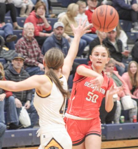 Beaverton’s Myah Hubble fires a pass right through the defense during Friday night’s 58-47 victory at Standish in a meeting of the top two teams in the Jack Pine Conference.
