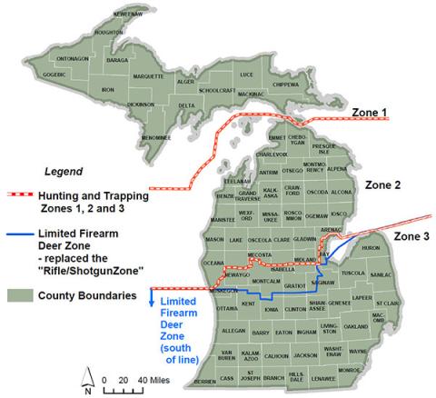 In Zone 3, including Bay, Isabella, Mecosta, Midland, Muskegon, Newaygo and Oceana counties, you can use all legal firearms. If you are hunting in the limited firearm deer zone, you must follow equipment requirements for that zone.