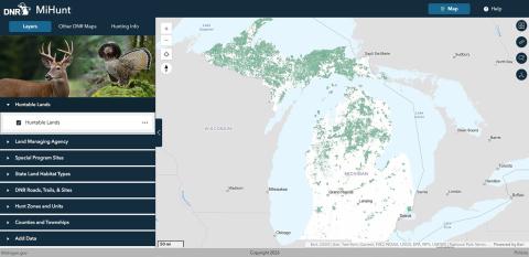 A screenshot of the new MiHunt map showing initial layer of huntable lands on desktop.