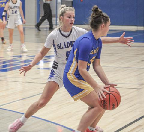 Gladwin’s Breanna Campbell applies the defensive pressure during Thursday night’s victory over Harrison, the first of the season for the Flying G’s.