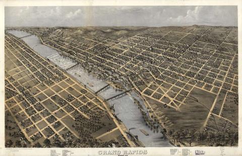 An 1868 aerial map depicting land parcels in Grand Rapids. LIBRARY OF CONGRESS