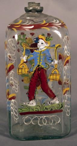 Glass like this enameled cologne bottle is usually called “Stiegel type” because it is virtually impossible to tell whether it was made by Henry William Stiegel or another glassmaker. KOVELS.COM