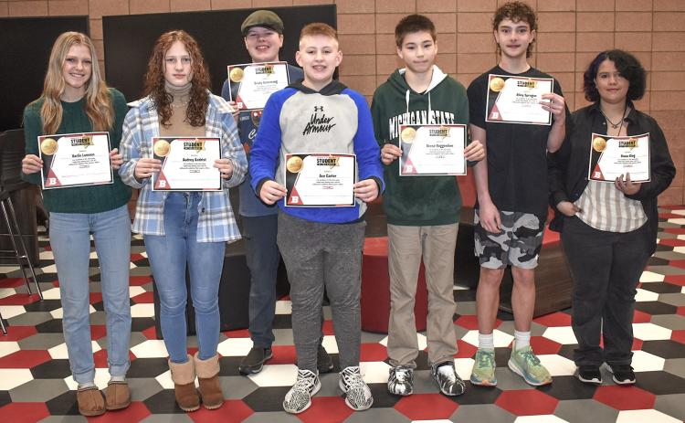 February’s BJSHS Students of the Month pictured from left to right include: Harlie Lamson, Audrey Andrist, Brady Armstrong, Ace Carter, Reese Roggentine, Riley Sprague and Eluna King. Not pictured is Grant Willsie and Dominick Schatten.