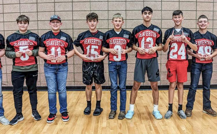 Six year Award Winners, dedicating all years 3rd-8th with BYFL. Pictured left to right are: Cameron Oard, Tristan Olson, Ace Carter, Ty Wicke, Dalton Dull, Aidan Elkholy, Jace Mishler, Easton Hess, and Reese Roggentine.