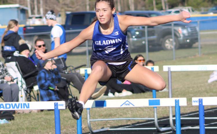 Gladwin’s Elizabeth Huisjen goes up and over on her way to a victory in the 100 hurdles during last Wednesday’s meet.