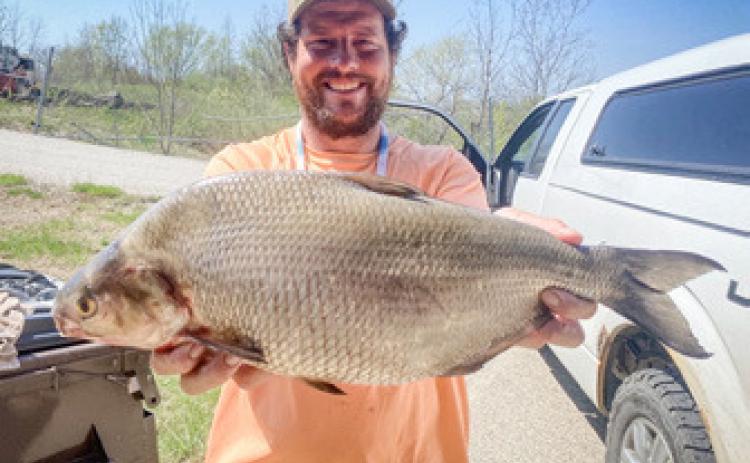 Sedrick Neinhuis holding the state-record gizzard shad he caught April 22 in the Grand River (Kent County). The new state record gizzard shad weighed 4.45 pounds and measured 20.3 inches long.