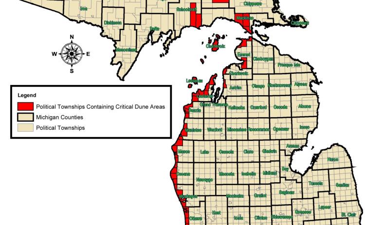 Dark highlighted areas on this map indicate Michigan townships that contain critical dunes. DEPARTMENT OF ENVIRONMENT, GREAT LAKES, AND ENERGY