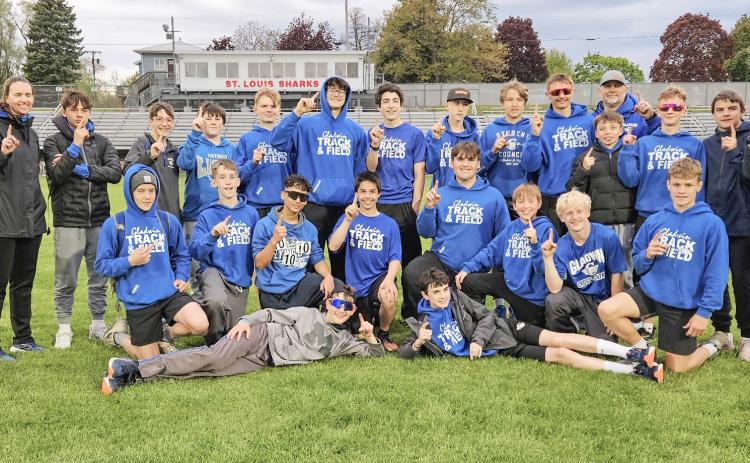 The Gladwin Junior High boys’ track team tells the world who i8s No. 1 after winning the Jack Pine Conference championship at St. Louis last week.