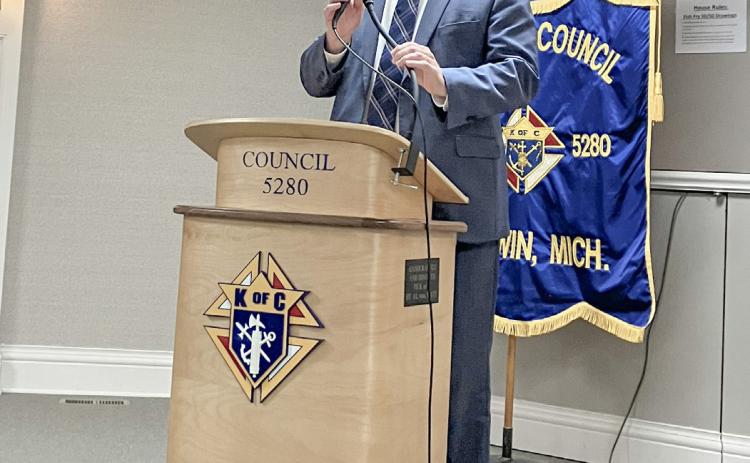 Congressman John Moolenaar addresses an occasionally feisty crowd at the Chamber of Commerce Legislative Breakfast Friday at the Knights of Columbus.