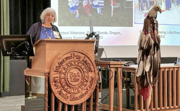 Linda Woods, an Air Force veteran and member of the Grand Traverse Band of Ottawa and Chippewa Indians, speaks at the MVAA Women Veterans Conference in 2023.