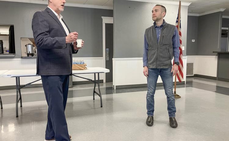 State Reps Mike Hoadley (left) and Bill G. Schuette address the audience at the Gladwin County Chamber of Commerce Legislative Forum Friday at the Beaverton Community Center.