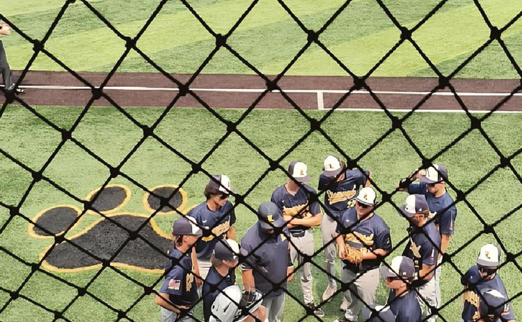 Coach Merillat gives team pep talk prior to the sixth inning rally when Linwood took a 3-2 lead.