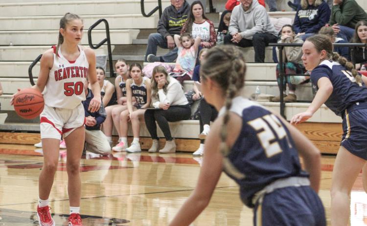Beaverton’s Myah Hubble checks out the defense before making her move during the Beavers loss to visiting Standish Wednesday night.