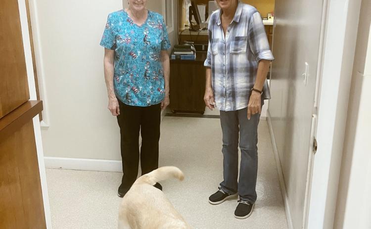 Becky Priemer and Terri Taylor send Lance off on a delivery during another work day at the Gladwin Veterinary Clinic. All three longtime employees of the business will be retiring on Aug. 28.