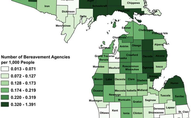 Ratio of deaths to bereavement agencies by county, 2018-2022. Data from Department of Health and Human Services.
