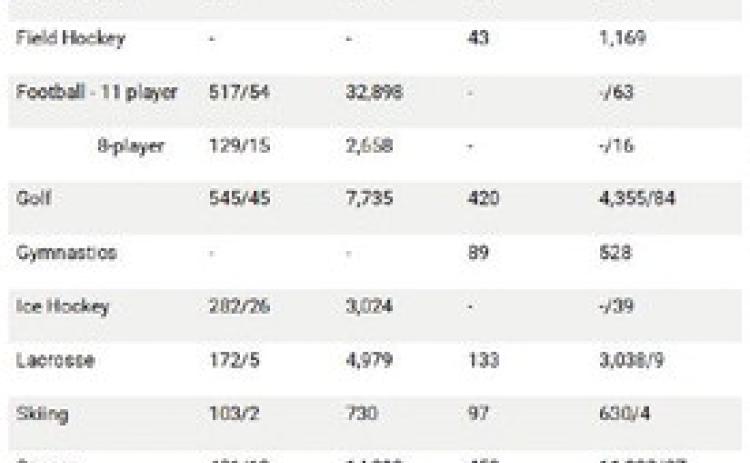 (A) The first number is the number of schools reporting sponsorship on the Sports Participation Survey, including primary and secondary schools in cooperative programs as of May 15, 2026. The second number indicates the number of schools that had girls playing on teams consisting primarily of boys. (B) The second number indicates the number of additional girls playing on teams consisting primarily of boys and entered in boys competition.
