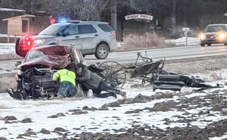 First responders are on the scene of a car-Amish buggy accident that occurred Monday morning on Bard Road in Sage Township.