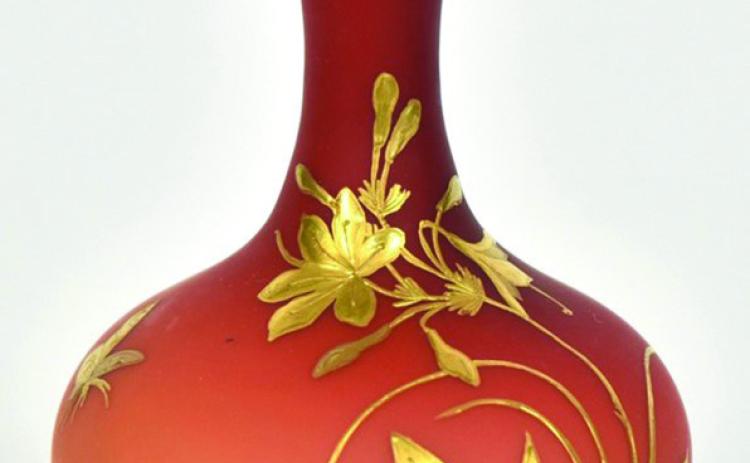 When it comes to decorations on Victorian art glass, more is always better. This vase by Thomas Webb &amp; Sons has the shaded color scheme called peachblow, a satin finish, and gold flowers and butterflies.