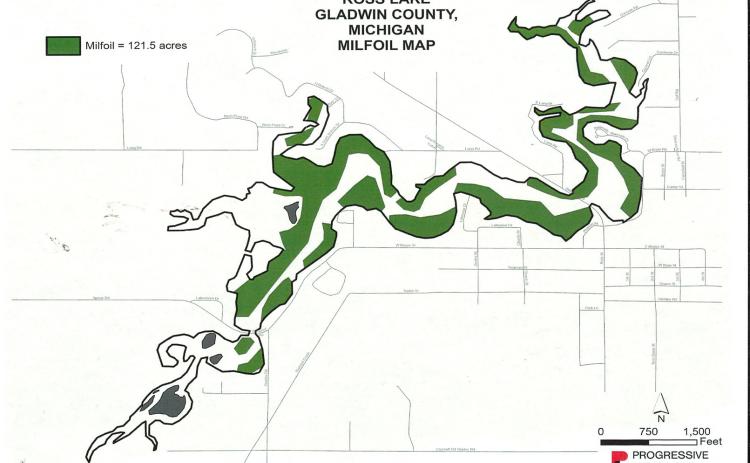 This map of Ross Lake indicates that Eurasian watermilfoil has overgrown 121.5 of the 294-acre lake.