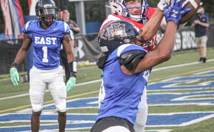 Gladwin’s Trace Corlew breaks up a pass at the goal line during the third quarter of the Michigan High School Football Coaches Association East-West All-Star Game Saturday at Lawrence Tech University in Southfield.