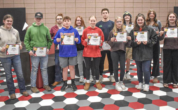 Pictured left to right are: Emily Colvin, Conner Wolfe, Kami Jacques, Elan Aho, Mackenzie Knake, Talise Wohlschlegel, Eli Roe, Aaliyah Holmes, Riley Cross, Anicia Klein, Sayde Woodruff and Sophie Milks. Not pictured: Ava Nickel, Stormy Ward, Shaun McWilliams and Anna Mannigel.