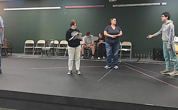 An early Fiddler On The Roof rehearsal. Pictured left to right are: Steve Levine (Tevye), Mady Crawford (Tzeitel), Monika Pfannes (Golde), Garry Farley (Fyedka), and Marnie Stearns (Chava).