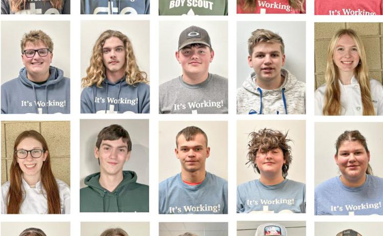 Pictured left to right, row one: Kiley Methner, Clayton Peacock, Brandon Sischo, Nicole Hill-Johnson and Evan Lease; row two: Cameron Clark, Jesse Higgins, Brayden Phillips, Alekz Shook and Sydney Haring; row three: Kaylee Walker, Brady Neal, Schuyler Badour, Em Wilber and Kimber Howard; and row four: Max Rousseau, Cassidy Steinert, Lillian Collins, Carter Fairchild and Tucker Trinca.