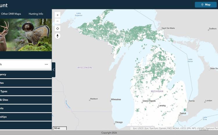 A screenshot of the new MiHunt map showing initial layer of huntable lands on desktop.
