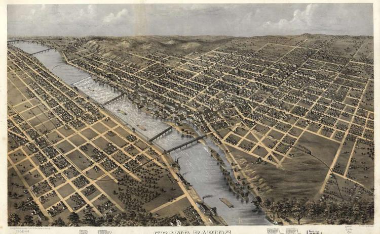 An 1868 aerial map depicting land parcels in Grand Rapids. LIBRARY OF CONGRESS